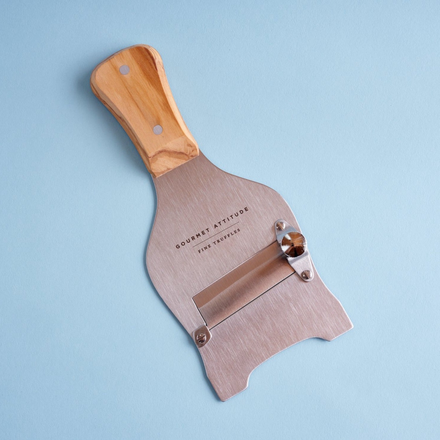 Stainless steel truffle slicer olive wood handle